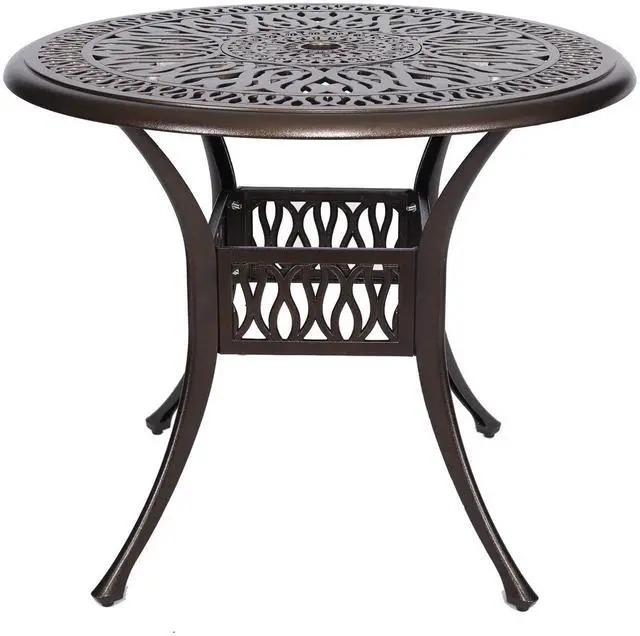 Main image of 35 Round Cast Aluminum Dining Table, Outdoor Patio Retro Bistro Dining Table with 2 Umbrella Hole