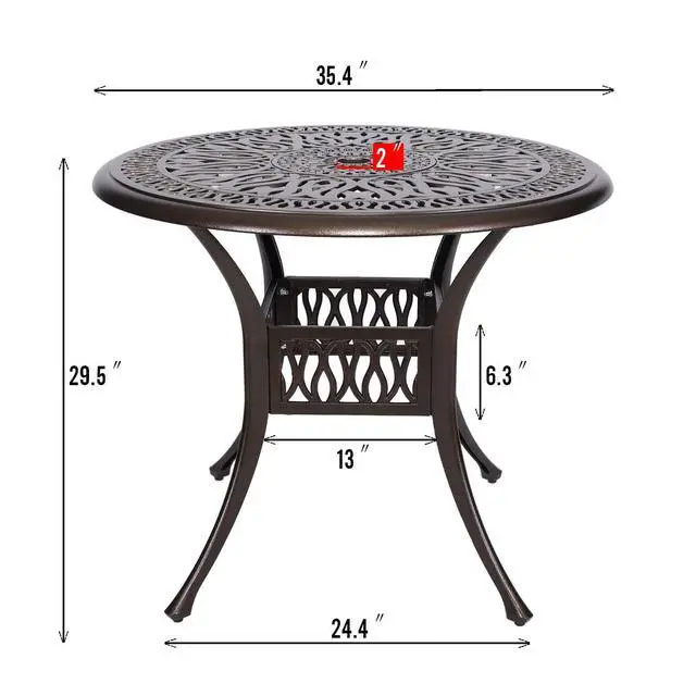Alt view image 2 of 6 - 35 Round Cast Aluminum Dining Table, Outdoor Patio Retro Bistro Dining Table with 2 Umbrella Hole