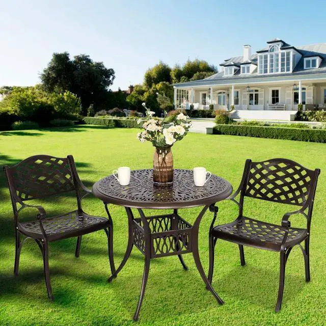 Alt view image 6 of 6 - 35 Round Cast Aluminum Dining Table, Outdoor Patio Retro Bistro Dining Table with 2 Umbrella Hole