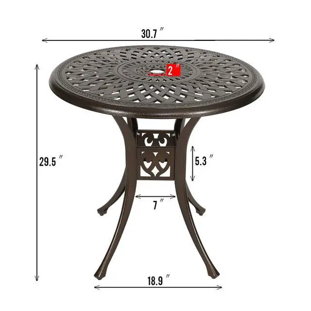 Alt view image 3 of 6 - 31 Round Cast Aluminum Dining Table, Outdoor Patio Retro Bistro Dining Table with 2 Umbrella Hole