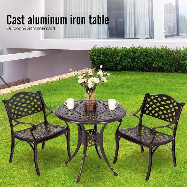 Alt view image 6 of 6 - 31 Round Cast Aluminum Dining Table, Outdoor Patio Retro Bistro Dining Table with 2 Umbrella Hole