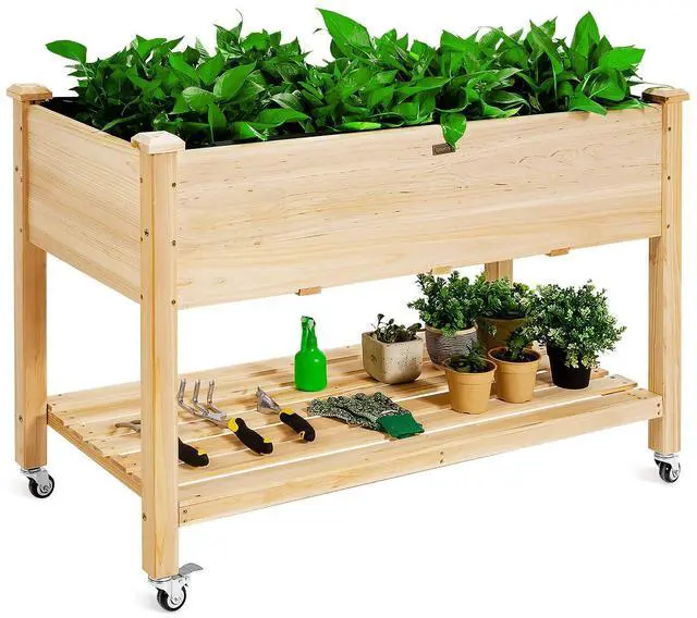 Main image of Raised Garden Bed on Wheels, Wood Planter Box with Legs, Liner, Drain Holes, Elevated Garden Bed for Vegetables, Standing Garden Container for Backyard, Patio, 47.5" LX 23.5" WX 33" H