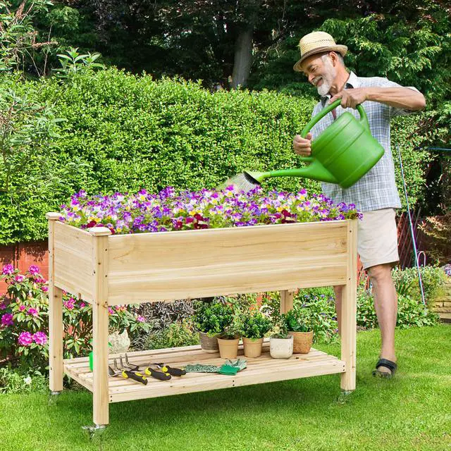 Alt view image 2 of 6 - Raised Garden Bed on Wheels, Wood Planter Box with Legs, Liner, Drain Holes, Elevated Garden Bed for Vegetables, Standing Garden Container for Backyard, Patio, 47.5" LX 23.5" WX 33" H