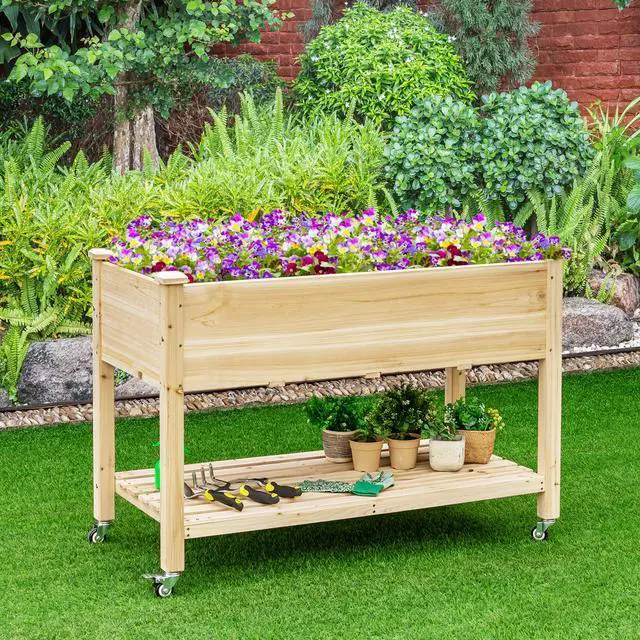 Alt view image 3 of 6 - Raised Garden Bed on Wheels, Wood Planter Box with Legs, Liner, Drain Holes, Elevated Garden Bed for Vegetables, Standing Garden Container for Backyard, Patio, 47.5" LX 23.5" WX 33" H