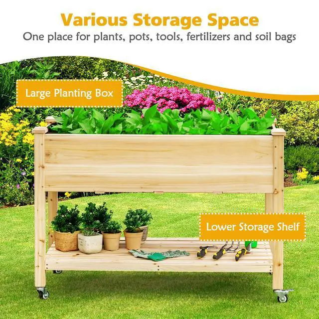 Alt view image 4 of 6 - Raised Garden Bed on Wheels, Wood Planter Box with Legs, Liner, Drain Holes, Elevated Garden Bed for Vegetables, Standing Garden Container for Backyard, Patio, 47.5" LX 23.5" WX 33" H