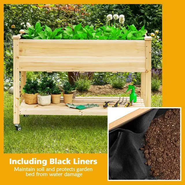 Alt view image 5 of 6 - Raised Garden Bed on Wheels, Wood Planter Box with Legs, Liner, Drain Holes, Elevated Garden Bed for Vegetables, Standing Garden Container for Backyard, Patio, 47.5" LX 23.5" WX 33" H