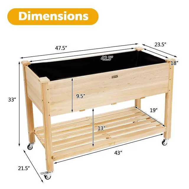 Alt view image 6 of 6 - Raised Garden Bed on Wheels, Wood Planter Box with Legs, Liner, Drain Holes, Elevated Garden Bed for Vegetables, Standing Garden Container for Backyard, Patio, 47.5" LX 23.5" WX 33" H