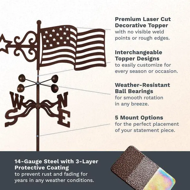 Alt view image 3 of 6 - EZ Vane Steel USA Flag Weathervane 21 Height, Includes Metal Deck Mount, Wind Cups & Brackets | Hand-Crafted and Family-Owned, Made in The USA with Triple Powder Coating, Limited