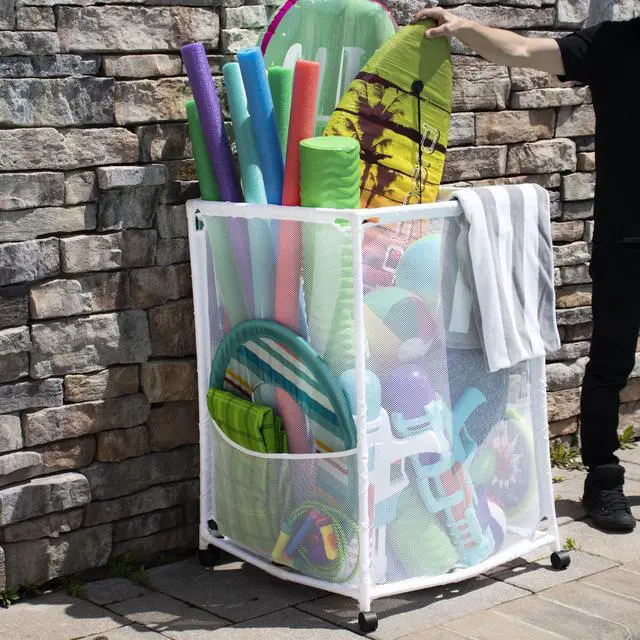 Alt view image 3 of 6 - Rolling Pool Storage Organizer Bin, Medium, (25.4" W x 25.4" L x 40" H), White Style 417227