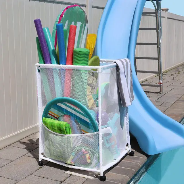 Alt view image 6 of 6 - Rolling Pool Storage Organizer Bin, Medium, (25.4" W x 25.4" L x 40" H), White Style 417227