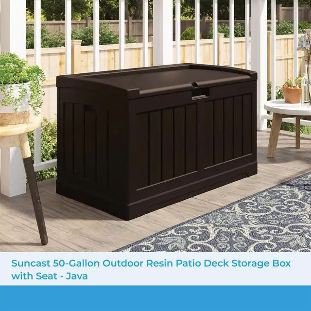 Alt view image 2 of 6 - 50 Gallon Medium Capacity All Weather Construction Resin Outdoor Storage Deck Box with Bench Seat and Lid for Patio, Garden, or Pool, Java