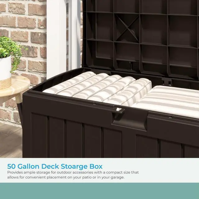 Alt view image 3 of 6 - 50 Gallon Medium Capacity All Weather Construction Resin Outdoor Storage Deck Box with Bench Seat and Lid for Patio, Garden, or Pool, Java