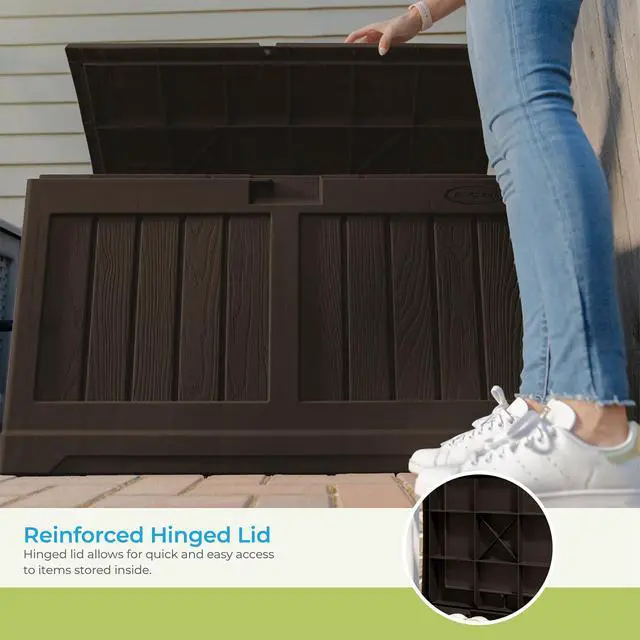 Alt view image 4 of 6 - 50 Gallon Medium Capacity All Weather Construction Resin Outdoor Storage Deck Box with Bench Seat and Lid for Patio, Garden, or Pool, Java