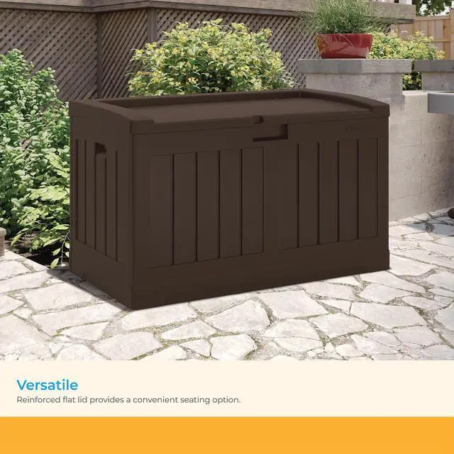 Alt view image 5 of 6 - 50 Gallon Medium Capacity All Weather Construction Resin Outdoor Storage Deck Box with Bench Seat and Lid for Patio, Garden, or Pool, Java