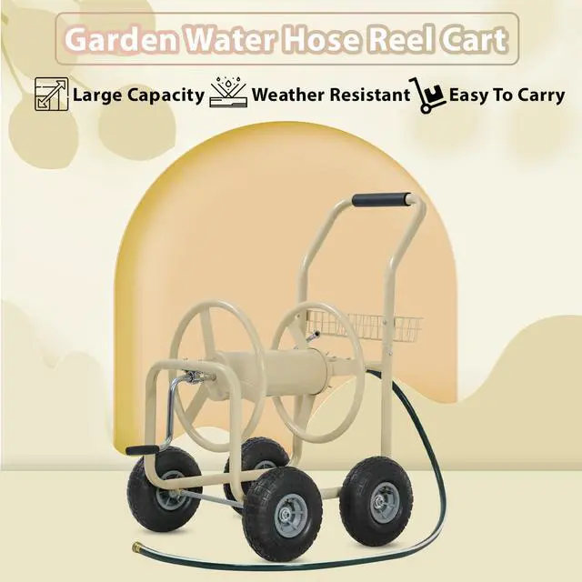 Alt view image 2 of 6 - Garden Hose Reel Cart, Water Hose Cart with 4 Wheels, Hold Up to 300 ft of 5/8 Hose,Heavy Duty Powder-Coated Steel Planting with Storage Basket, for Garden, Yard and Lawn