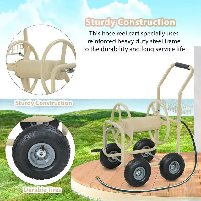 Alt view image 3 of 6 - Garden Hose Reel Cart, Water Hose Cart with 4 Wheels, Hold Up to 300 ft of 5/8 Hose,Heavy Duty Powder-Coated Steel Planting with Storage Basket, for Garden, Yard and Lawn