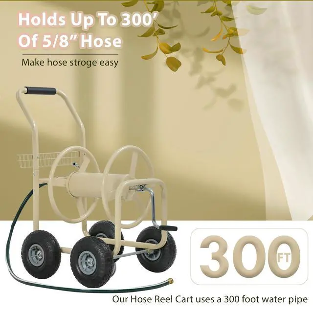 Alt view image 4 of 6 - Garden Hose Reel Cart, Water Hose Cart with 4 Wheels, Hold Up to 300 ft of 5/8 Hose,Heavy Duty Powder-Coated Steel Planting with Storage Basket, for Garden, Yard and Lawn
