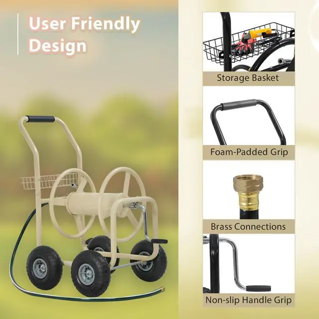 Alt view image 5 of 6 - Garden Hose Reel Cart, Water Hose Cart with 4 Wheels, Hold Up to 300 ft of 5/8 Hose,Heavy Duty Powder-Coated Steel Planting with Storage Basket, for Garden, Yard and Lawn