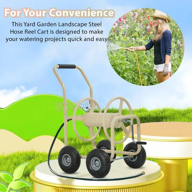 Alt view image 6 of 6 - Garden Hose Reel Cart, Water Hose Cart with 4 Wheels, Hold Up to 300 ft of 5/8 Hose,Heavy Duty Powder-Coated Steel Planting with Storage Basket, for Garden, Yard and Lawn