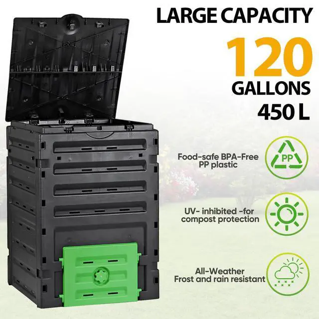 Alt view image 2 of 6 - 120 Gallon (450L) BPA Free Garden Compost Bin - Easy Assembly, Aerating Outdoor Compost Box for Fast Fertile Soil Creation