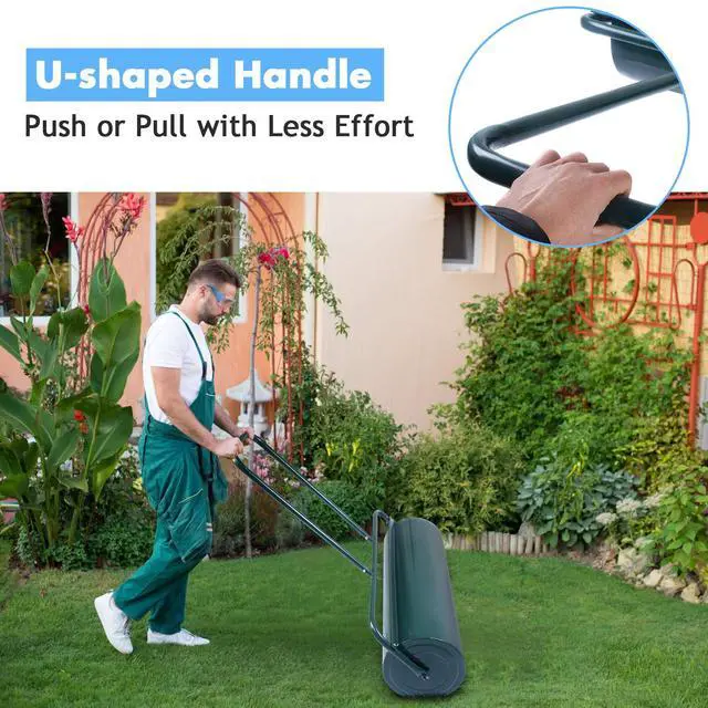Alt view image 4 of 6 - Lawn Roller, Push/Pull/Tow Behind Water/Sand Filled Steel Sod Drum Roller with U-Shaped Handle, Yard Roller for Garden Backyard Grass, 13 Gallon/48 L, 24"x13", Green
