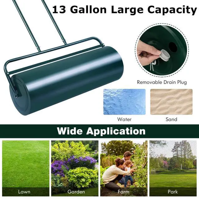 Alt view image 5 of 6 - Lawn Roller, Push/Pull/Tow Behind Water/Sand Filled Steel Sod Drum Roller with U-Shaped Handle, Yard Roller for Garden Backyard Grass, 13 Gallon/48 L, 24"x13", Green