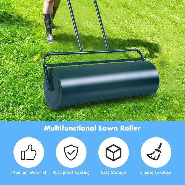 Alt view image 6 of 6 - Lawn Roller, Push/Pull/Tow Behind Water/Sand Filled Steel Sod Drum Roller with U-Shaped Handle, Yard Roller for Garden Backyard Grass, 13 Gallon/48 L, 24"x13", Green