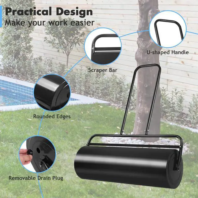 Alt view image 3 of 6 - Lawn Roller, Push/Pull/Tow Behind Water/Sand Filled Steel Sod Drum Roller with U-Shaped Handle, Yard Roller for Garden Backyard Grass, 13 Gallon/48 L, 24"x13", Black