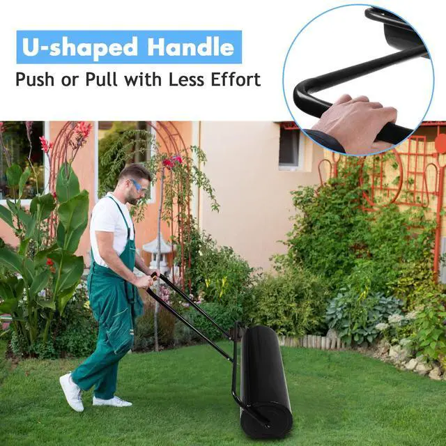 Alt view image 4 of 6 - Lawn Roller, Push/Pull/Tow Behind Water/Sand Filled Steel Sod Drum Roller with U-Shaped Handle, Yard Roller for Garden Backyard Grass, 13 Gallon/48 L, 24"x13", Black