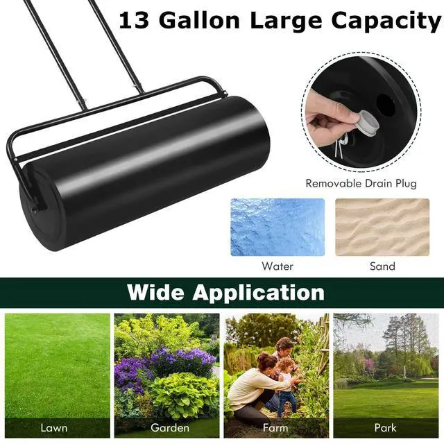 Alt view image 5 of 6 - Lawn Roller, Push/Pull/Tow Behind Water/Sand Filled Steel Sod Drum Roller with U-Shaped Handle, Yard Roller for Garden Backyard Grass, 13 Gallon/48 L, 24"x13", Black