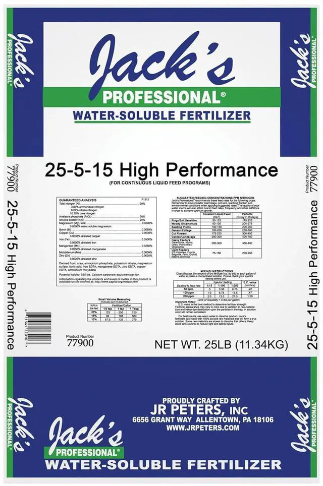 Main image of Jack's Professional 25-5-15 High Performance Water-Soluble Fertilizer with Micronutrients for Heavy Feeding Plants in Continuous Liquid Feed Programs, 25lbs