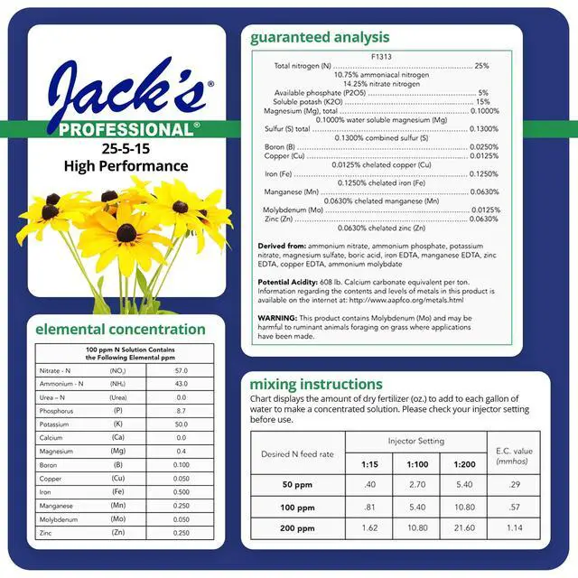 Alt view image 2 of 6 - Jack's Professional 25-5-15 High Performance Water-Soluble Fertilizer with Micronutrients for Heavy Feeding Plants in Continuous Liquid Feed Programs, 25lbs
