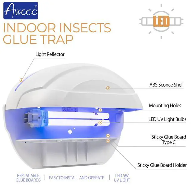 Alt view image 3 of 6 - LED 5W 100V-240V Wall Mount Sconce Sticky Fly Trap Lamp for Capturing Flying Insects, Flies, Mosquitoes, and Moths (Fly Trap)