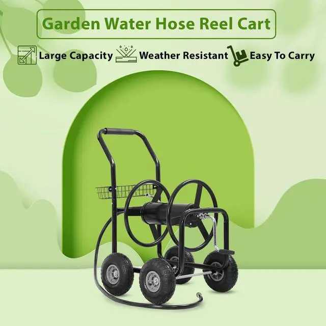 Alt view image 2 of 6 - Garden Hose Reel Cart, Water Hose Cart with 4 Wheels, Hold Up to 300 ft of 5/8 Hose,Heavy Duty Powder-Coated Steel Planting with Storage Basket, for Garden, Yard and Lawn