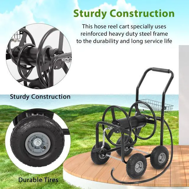 Alt view image 3 of 6 - Garden Hose Reel Cart, Water Hose Cart with 4 Wheels, Hold Up to 300 ft of 5/8 Hose,Heavy Duty Powder-Coated Steel Planting with Storage Basket, for Garden, Yard and Lawn