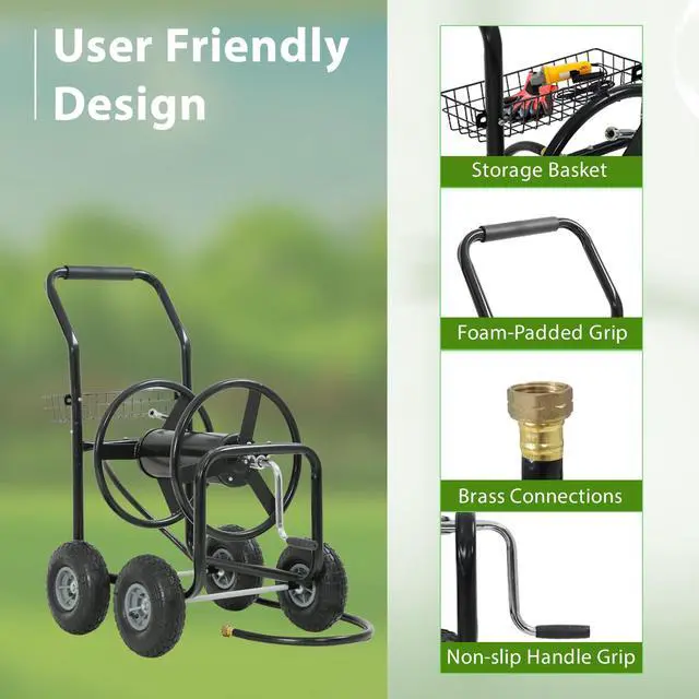 Alt view image 5 of 6 - Garden Hose Reel Cart, Water Hose Cart with 4 Wheels, Hold Up to 300 ft of 5/8 Hose,Heavy Duty Powder-Coated Steel Planting with Storage Basket, for Garden, Yard and Lawn