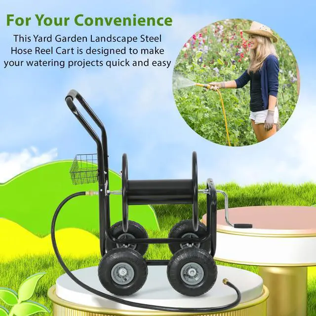 Alt view image 6 of 6 - Garden Hose Reel Cart, Water Hose Cart with 4 Wheels, Hold Up to 300 ft of 5/8 Hose,Heavy Duty Powder-Coated Steel Planting with Storage Basket, for Garden, Yard and Lawn