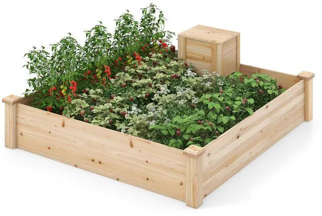 Main image of Raised Garden Bed, 49"x49"x10" Wood Planter Box Kit w/Compost Bin & Open-Ended Bottom for Vegetables, Flowers, Herbs, Fruits, Elevated Square Planting Bed for Patio, Backyard, Garden