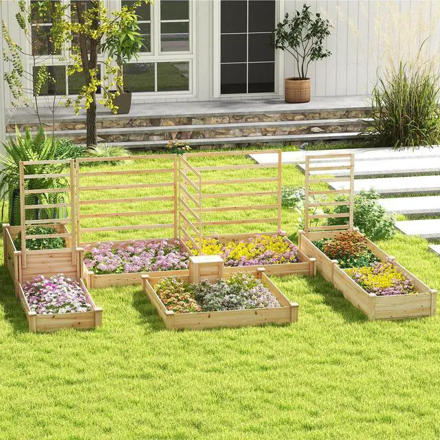 Alt view image 3 of 6 - Raised Garden Bed, 49"x49"x10" Wood Planter Box Kit w/Compost Bin & Open-Ended Bottom for Vegetables, Flowers, Herbs, Fruits, Elevated Square Planting Bed for Patio, Backyard, Garden