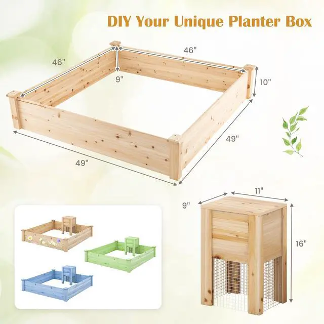 Alt view image 4 of 6 - Raised Garden Bed, 49"x49"x10" Wood Planter Box Kit w/Compost Bin & Open-Ended Bottom for Vegetables, Flowers, Herbs, Fruits, Elevated Square Planting Bed for Patio, Backyard, Garden