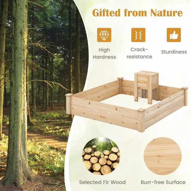 Alt view image 6 of 6 - Raised Garden Bed, 49"x49"x10" Wood Planter Box Kit w/Compost Bin & Open-Ended Bottom for Vegetables, Flowers, Herbs, Fruits, Elevated Square Planting Bed for Patio, Backyard, Garden