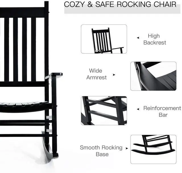 Alt view image 4 of 6 - Outdoor Rocking Chair, Patio Wooden Rocking Chair with Smooth Armrests, High Back for Garden, Balcony, Porch, Supports Up to 353 lbs, Black