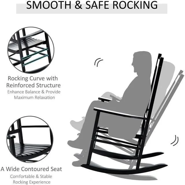 Alt view image 5 of 6 - Outdoor Rocking Chair, Patio Wooden Rocking Chair with Smooth Armrests, High Back for Garden, Balcony, Porch, Supports Up to 353 lbs, Black