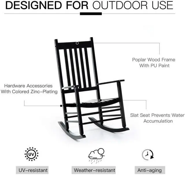 Alt view image 6 of 6 - Outdoor Rocking Chair, Patio Wooden Rocking Chair with Smooth Armrests, High Back for Garden, Balcony, Porch, Supports Up to 353 lbs, Black