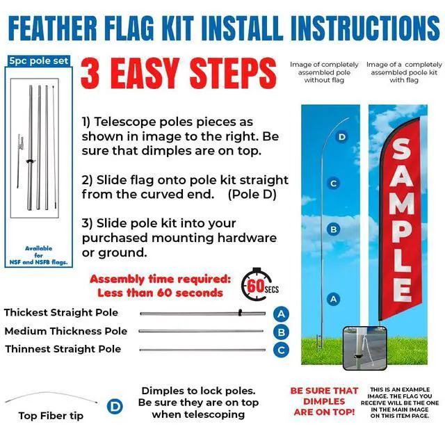 Alt view image 2 of 2 - 3 Pack of Feather Banner Flutter Flag Telescoping Hardware Sets, 4-Piece 15ft Telescopic Pole Kits with 3 Ground Spikes, for Windless & Swooper Flags by (Pack of 3)
