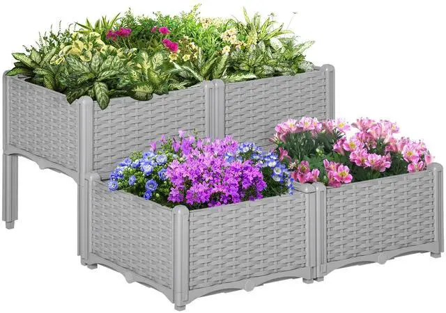 Main image of 4 Piece Raised Garden Bed with Legs, Planter Box Raised Bed to Grow Flowers, Herbs & Vegetables, Gray