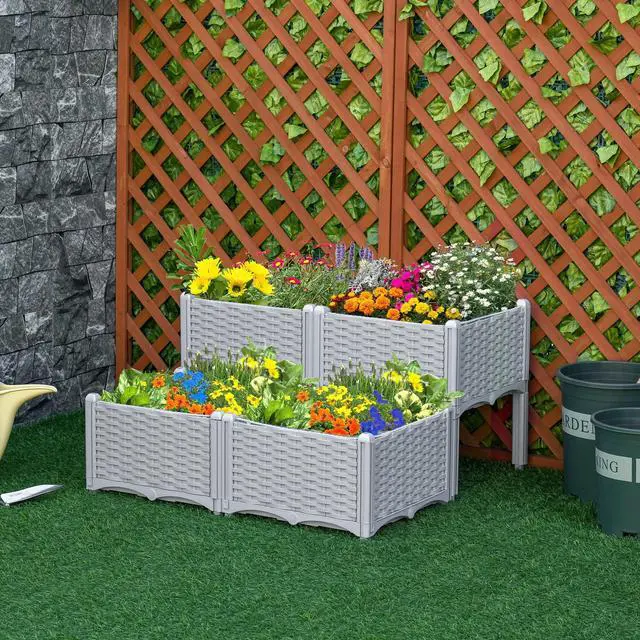 Alt view image 2 of 6 - 4 Piece Raised Garden Bed with Legs, Planter Box Raised Bed to Grow Flowers, Herbs & Vegetables, Gray
