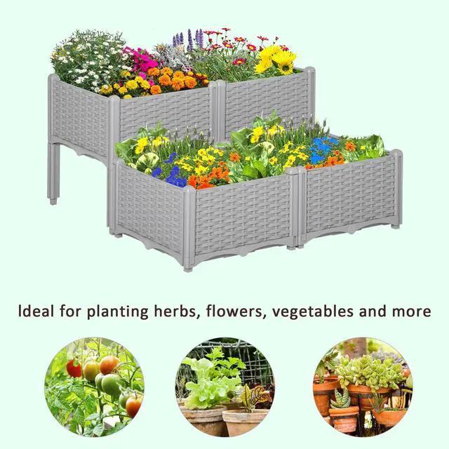Alt view image 6 of 6 - 4 Piece Raised Garden Bed with Legs, Planter Box Raised Bed to Grow Flowers, Herbs & Vegetables, Gray