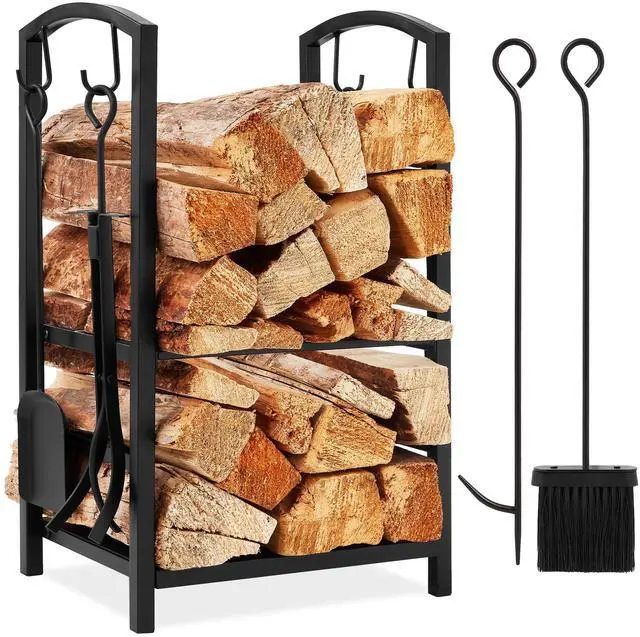 Main image of 5-Piece Indoor Outdoor Wrought Iron Firewood Log Storage Rack Holder Firepit Tools Set for Fireplace, Fire Pit, Stove w/Hook, Broom, Shovel, Tongs - Black