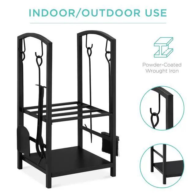 Alt view image 4 of 6 - 5-Piece Indoor Outdoor Wrought Iron Firewood Log Storage Rack Holder Firepit Tools Set for Fireplace, Fire Pit, Stove w/Hook, Broom, Shovel, Tongs - Black